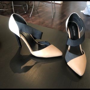 Call It Spring Tan, Black, and White Heels
